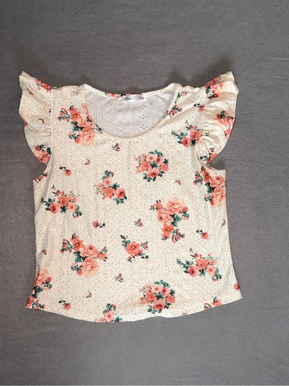 Stem & Vine White Floral Flutter Sleeve Top Size Small